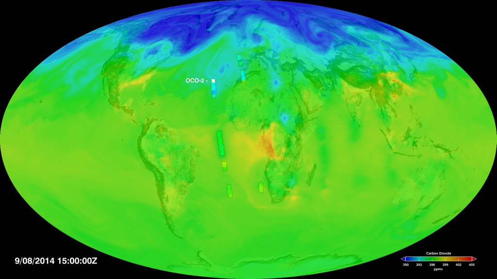 This visualization starts by showing carbon dioxide values (colored squares) being measured by the OCO-2 sensor.  Soon the total carbon dioxide from the GEOS global atmosphere simulation is shown under the OCO-2 data.  Every six hours, the OCO-2 measurements are used to adjust the GEOS simulation values to agree with observed values at those locations, a process called data assimilation.  In order to see this process, look for locations where OCO-2 values are shortly followed by local changes in the background data.  Carbon dioxide is shown in parts per million by volume (ppmv).This video is also available on our YouTube channel.