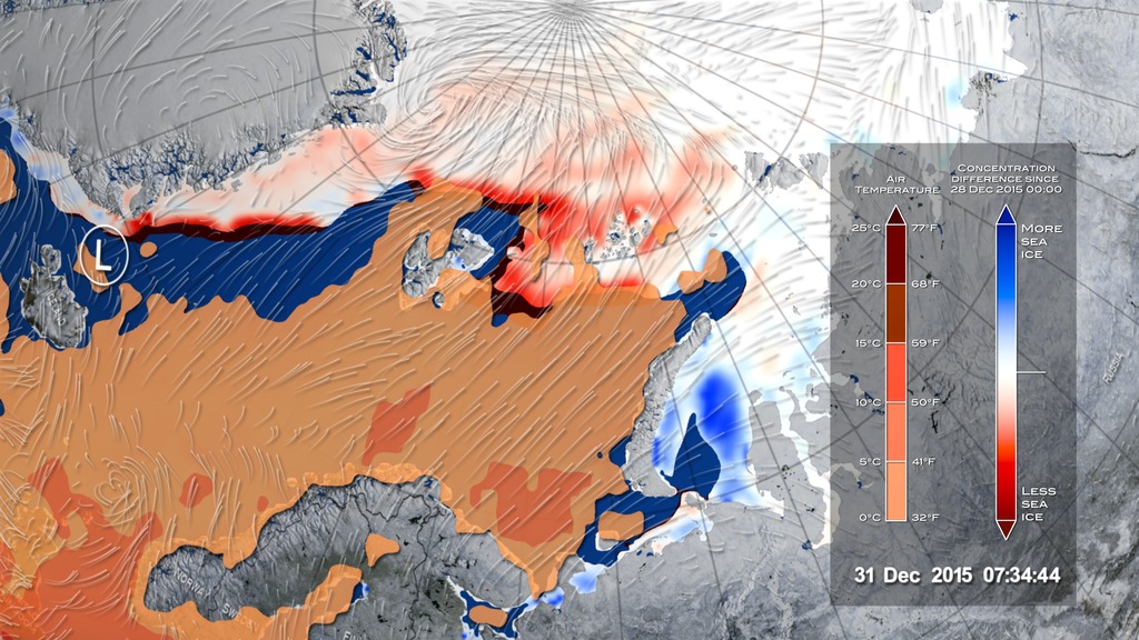 This visualization starts with a global view of the Western hemisphere. The viewer then moves in over the arctic on December 27, 2015. Winds and air temperature fade in as time moves forward. A low pressure system then moves in pushing warm air ahead of it. The warm air moves over the Arctic sea ice, contributing to dramatic melting of the sea ice concentration in this region.
