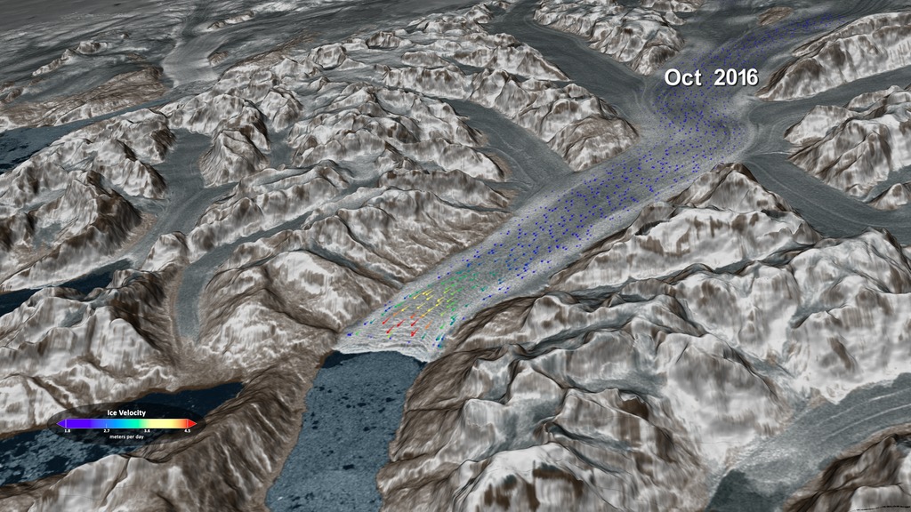 This visualization shows the seasonal ice velocity on the Heimdal Glacier in Greenland between October 2013 and October 2016.  The color of the flow vectors represent the speed of the flow, with purple representing the slow moving ice  and red showing the fast ice.  The color scale is displayed in the lower left corner.This video is also available on our YouTube channel.