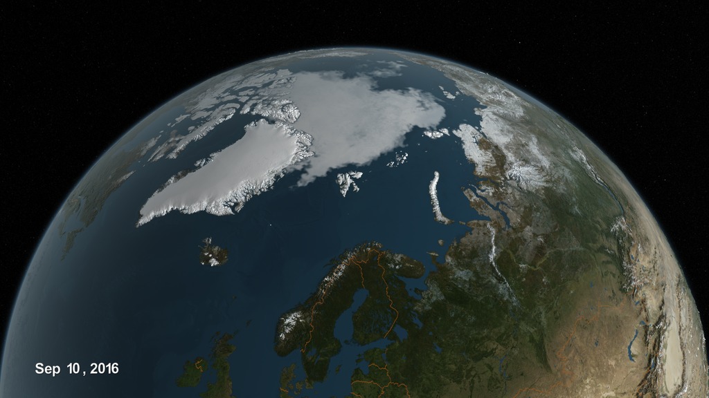 A visualization of the Arctic sea ice from January 1, 2013 through September 10, 2016, the date when the sea ice reached its annual minumum extent.  The date is shown in the lower left corner.This video is also available on our YouTube channel.