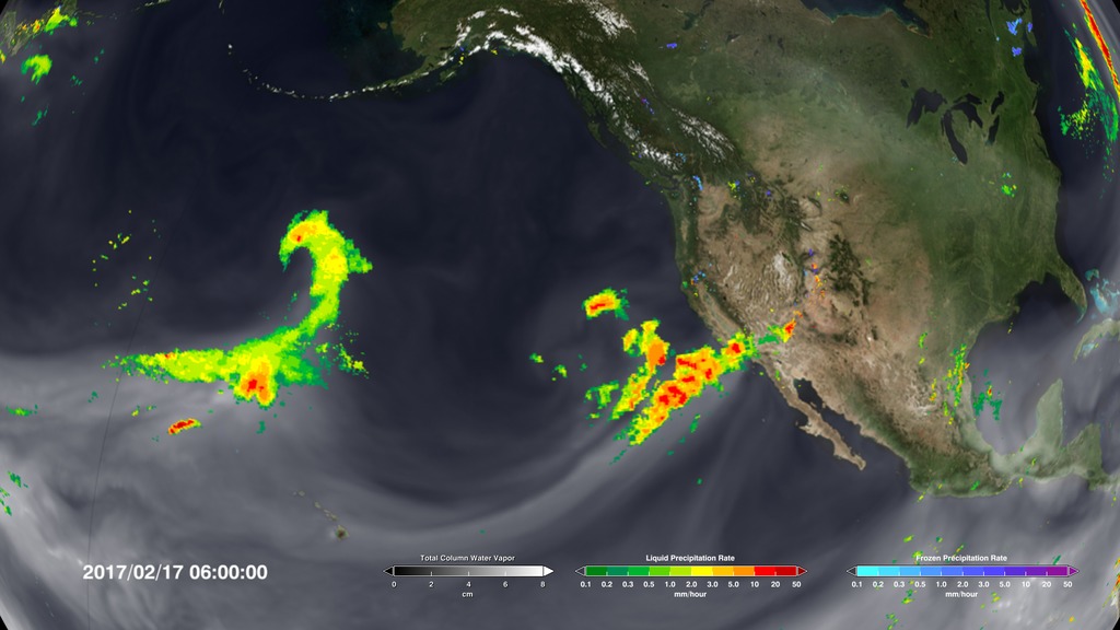 This visualization combines precipitation data from the Global Precipitation Measurement (GPM) mission's Integrated Multi-satellitE Retrievals (IMERG) and water vapor data from the Goddard Earth Observing System Model (GEOS).  These datasets show the extreme rainfall that occurred in California during the first three weeks of February 2017 and the atmospheric rivers that transported the rain to the area.This video is also available on our YouTube channel.