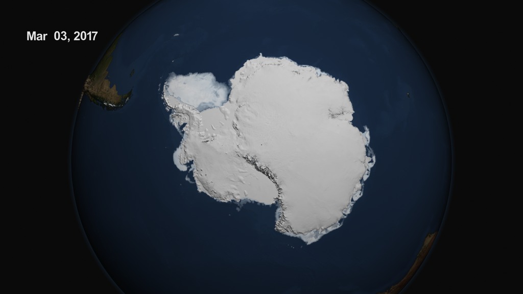 This movie begins at the 2016 Antarctic maximum on August 31, 2016 and shows daily sea ice concentration until the Antarctic minimum on March 3, 2017.  The 2017 minimum had only 2.1 million square kilometers of sea ice extent below the previous lowest minimum extext in the satellite record that occurred in 1997.