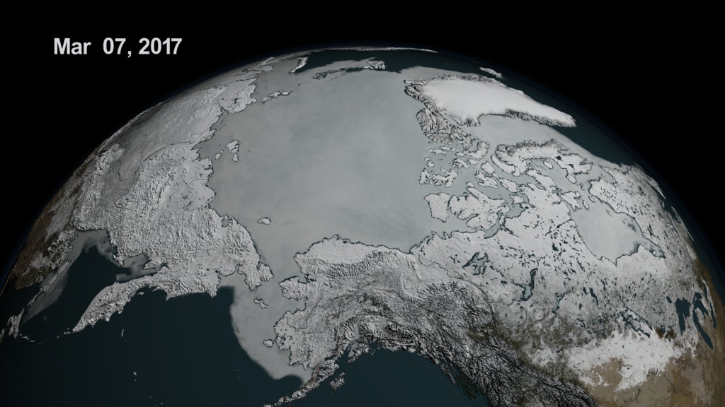 This movie begins at Arctic Minimum on September 10, 2016 and shows daily sea ice concentration until the Arctic maximum on March 7, 2017.  The 2017 Arctic maximum was 14.42 million square kilometers (5.57 million square miles). The average maximum (1981-2010) is 15.64 million square kilometers.