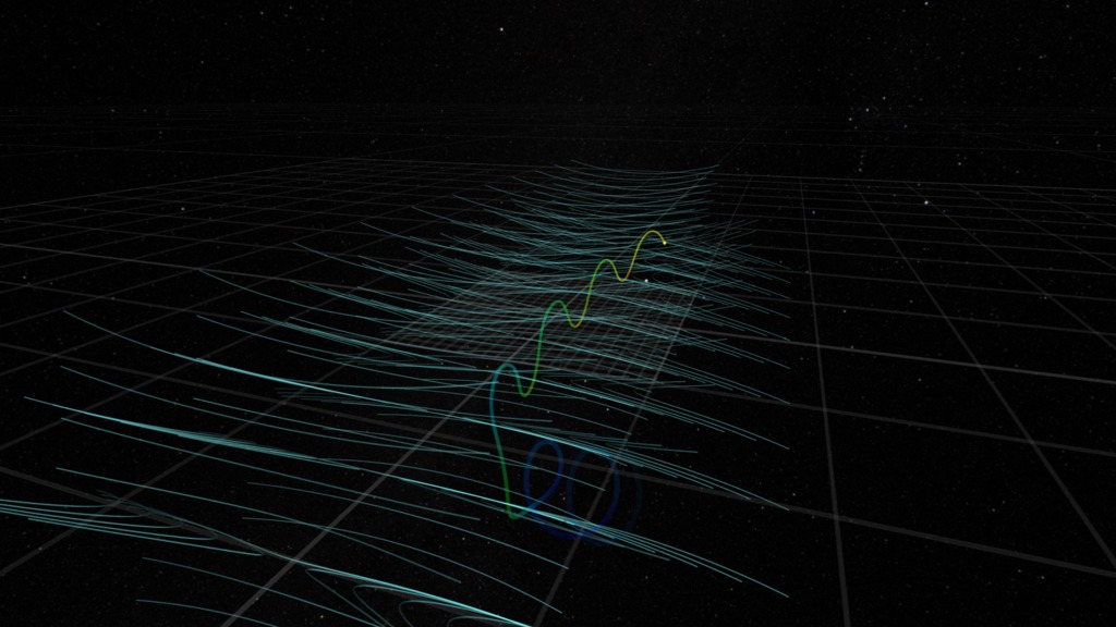 This visualization shows an oblique view of the reconnection region.  Magnetic field direction is represented by the cyan lines.  The color trail represents an electron moving in the field.  Color of the particle trail represents a dimensionless speed of the particle, with blue for slow and red for fast.