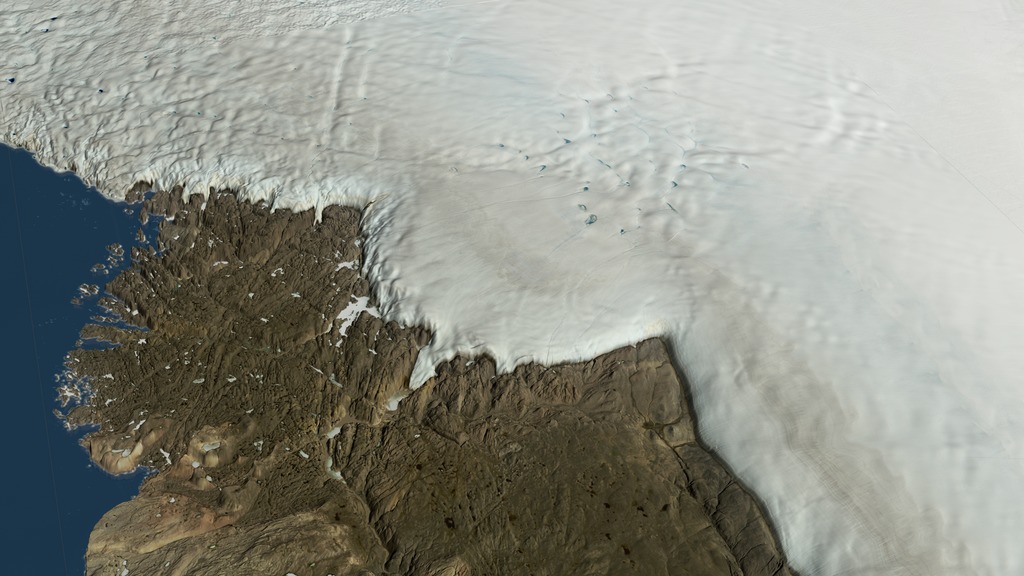 A still image showing the Greenland Ice Sheet and the Hiawatha Glacier.