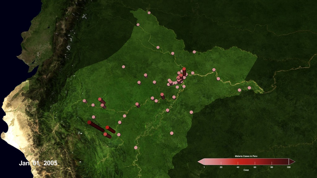 Locations in Peru where malaria cases were reported in 2005