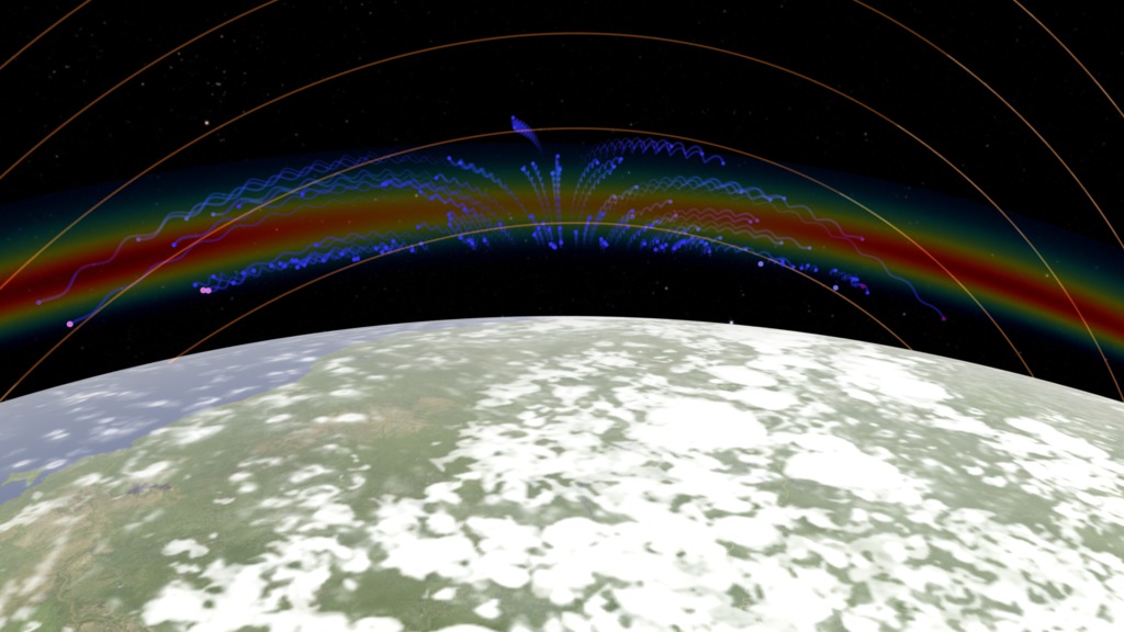 Visualization illustrating the Fountain Effect of ions in the near-Earth electric and magnetic fields.