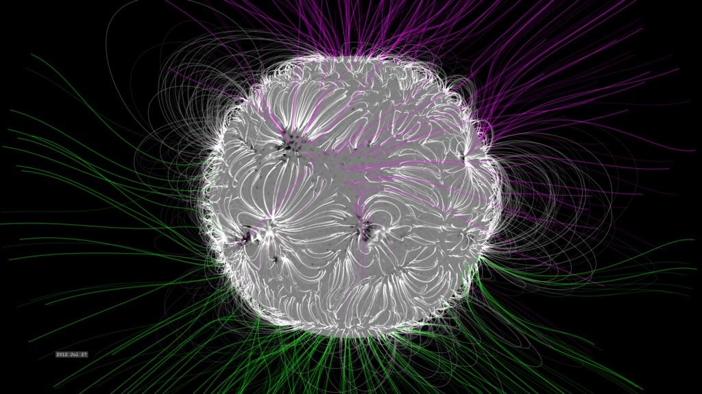 This narrated visualization  transitions from a view of the Sun in visible light, to a view in ultraviolet light showing the plasma flowing along solar magnetic structures, to the underlying magnetic field of the solar photosphere, to a model construction of magnetic fieldlines above the photosphere.This video is also available on our YouTube channel.