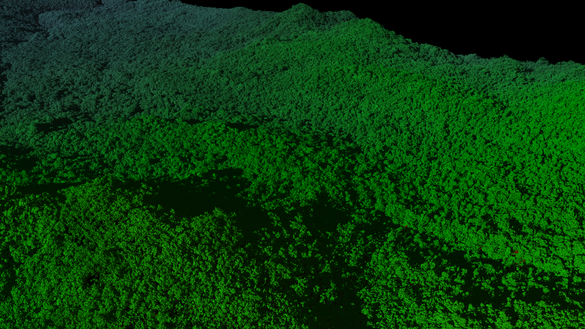 Sample Composite that split screens the lidar swath over the El Yunque National Forest, Puerto Rico. During the split screen, 2017 data is on the upper left and 2018 data on the bottom right. As the camera moves northwest, the viewer can see patches of ground becoming visible in the 2018 data. This is due to the vast numbers of trees that were stripped or fell during Hurricane Maria in September 2017.