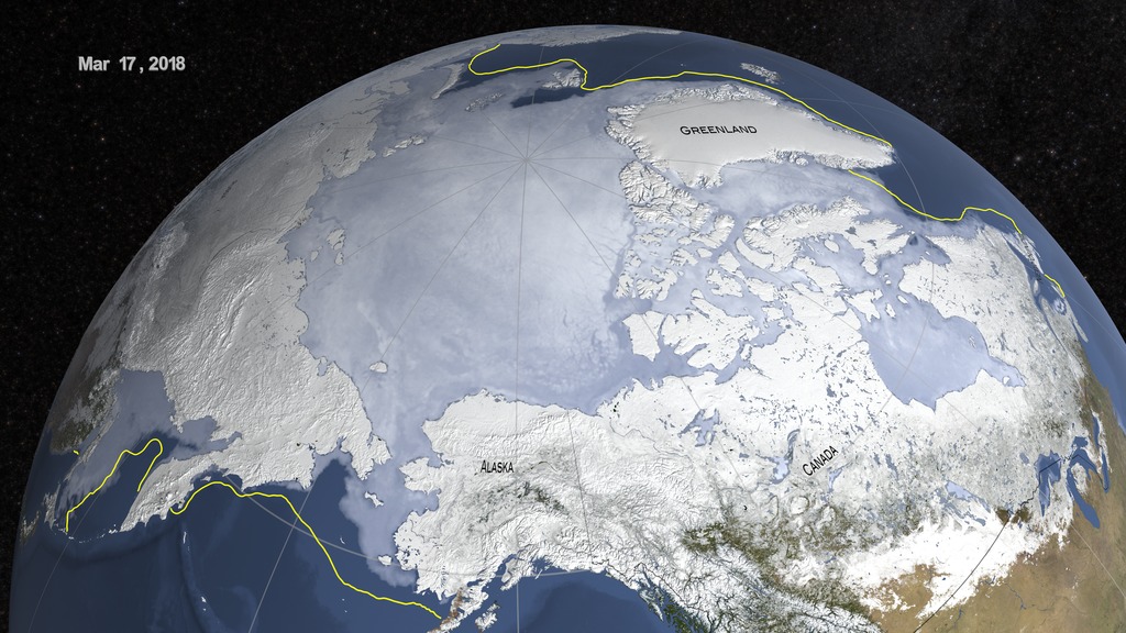 This image shows the maximum extent of the Arctic sea ice that occurred on March 17th, 2018.  The yellow line indicates the 30 year average maximum extent calculated from 1981 through 2010. The date is shown in the upper left corner.