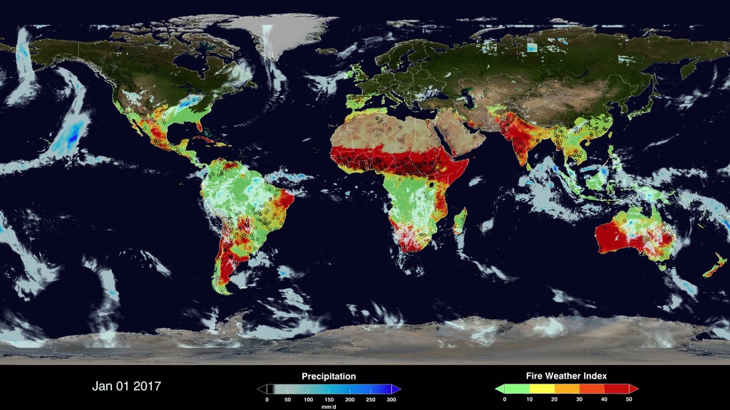 The global active fire, precipitation, and fire weather index data from January to September 2017, where active fires are indicated by black circles.