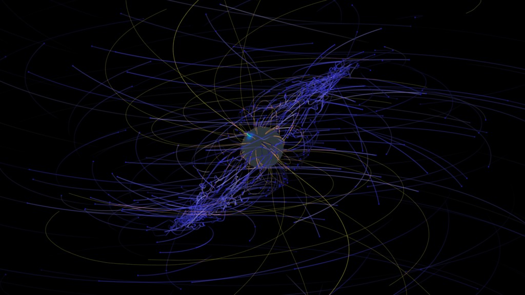 This movie presents a basic tour around the simulation magnetic field including motion of the high-energy electrons.  This version is generated with no background objects and an alpha channel for custom compositing.