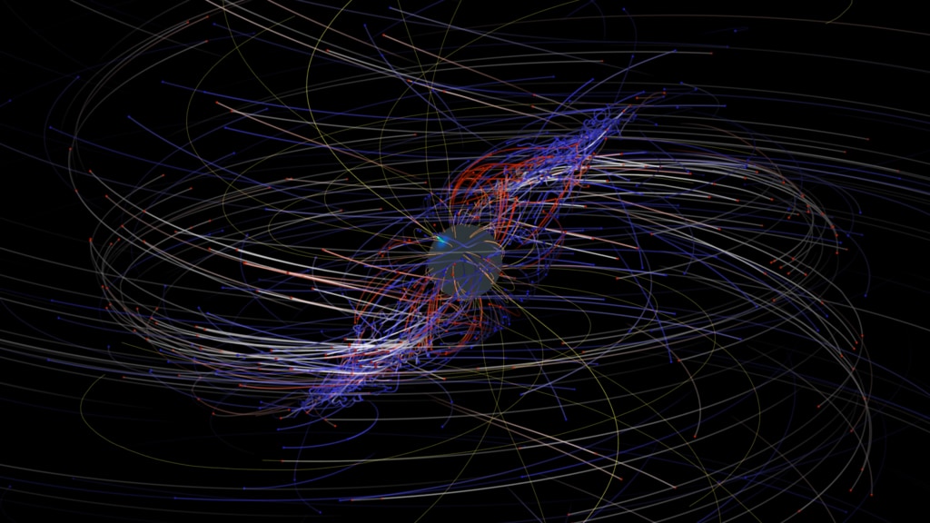 This movie presents a basic tour around the simulation magnetic field including motion of the high-energy electrons and positrons. This version is generated with no background objects and an alpha channel for custom compositing.