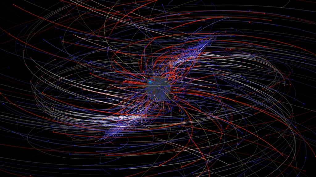 This movie presents a basic tour around the simulation magnetic field including motion of the bulk particles and high-energy electrons and positrons. This version is generated with no background objects and an alpha channel for custom compositing.