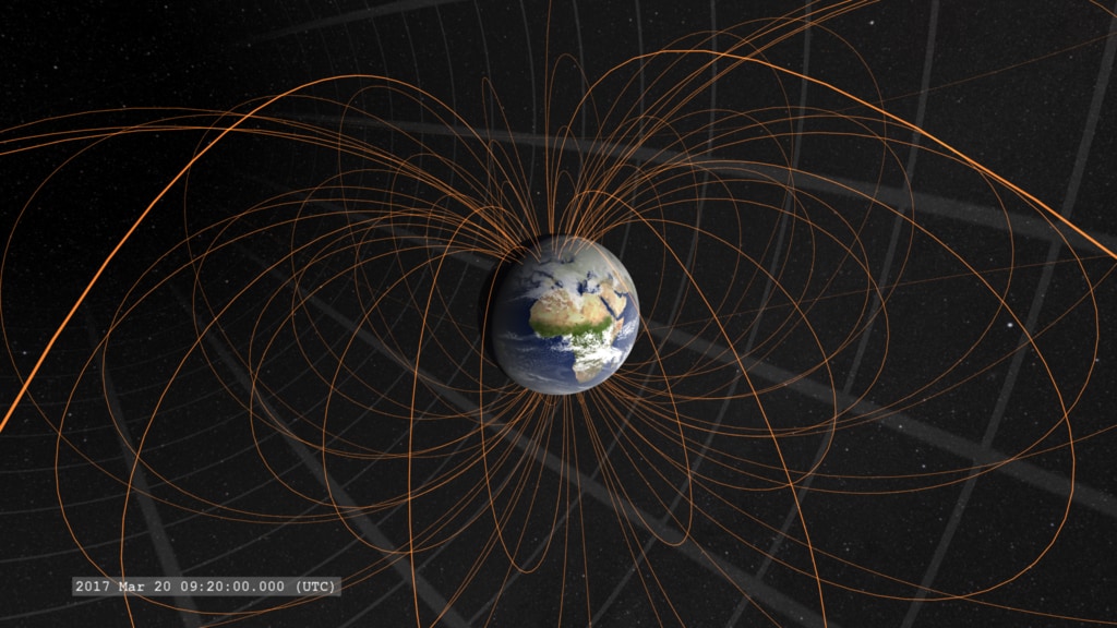 A simple visualization of Earth's magnetosphere near the time of the equinox.