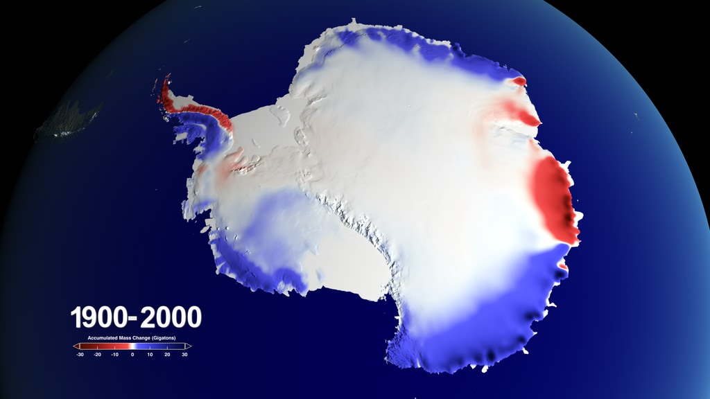 This data visualization shows accumulated mass change over Antarctica from 1900 to 2000. This visualization includes a colorbar and corresponding accumulation range.