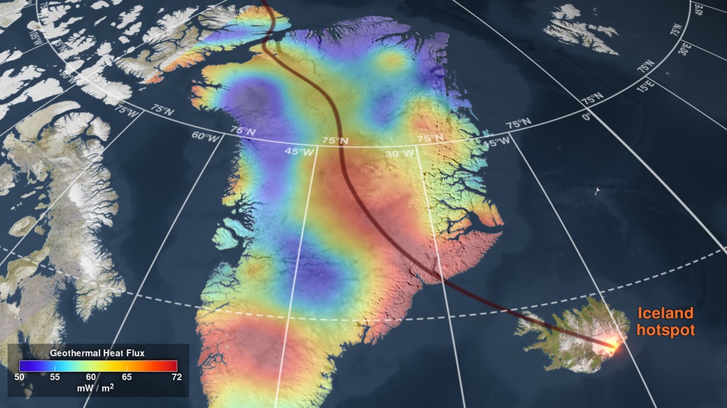 This visualization shows the Greenland geothermal heat flux map, the track of the Iceland hotspot through Greenland, and the plate tectonic motion of Greenland over the hotspot during the past 100 million years.This video is also on the NASA YouTube channel.