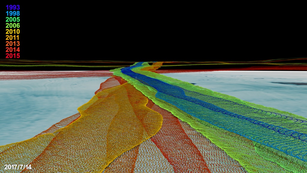 This visualization explores 25 years of elevation measurements from the Airborne Topographic Mapper over the Rink glacier in Greenland.  Each year is color-coded with blues representing the oldest data and red representing the newest. The camera zooms in to a view comparing data collected from many aircraft flights over the same region, showing the ice loss over several years.  The camera then zooms out to see the coverage pattern for ICESat-2, which will study ice loss on a global scale. This video is also available on our YouTube channel.