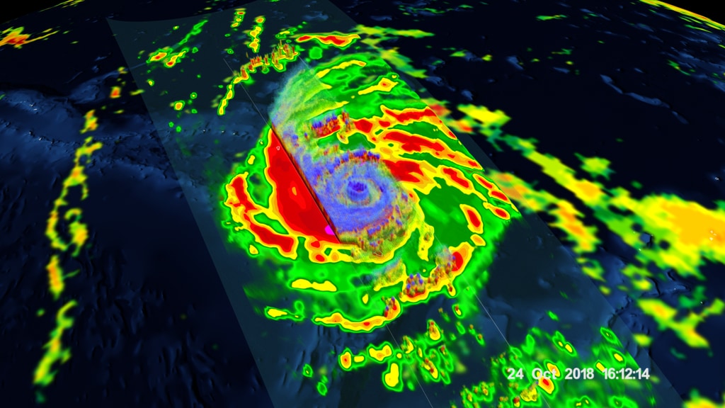 GPM passed over Super Typhoon Yutu on October 24th at 11:07 a.m. EDT . As the camera moves in on the storm, DPR's volumetric view of the storm is revealed. A slicing plane moves across the volume to display precipitation rates throughout the storm. Shades of green to red represent liquid precipitation. Frozen precipitation is shown in cyan and purple.This video is also available on our YouTube channel.