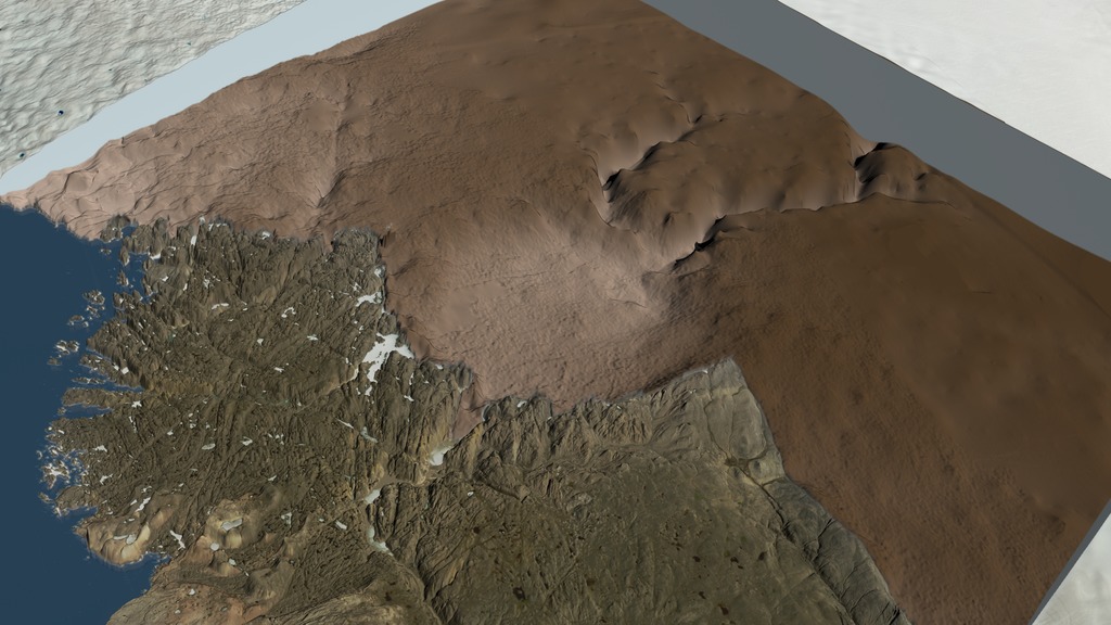 This visualization shows the location of the Hiawatha Glacier near Inglefield Land in northwest Greenland. The surface of the ice sheet fades away to show the impact crater discovered beneath the ice sheet. A red cylinder shows the best-fit rim of the impact crater and a measuring stick shows that the diameter of the crater is more than 31 kilometers across. The size of the crater is compared to the cities of Washington, DC and Paris, France.The visualization also shows how the scientists from Germany's Alfred Wegener Institute (AWI)  flew the Polar 6 aircraft (a DC-3T) to collect radar data over the Hiawatha impact crater.  The radar data is shown in detail as curtains of the radar data are dissolved away to display the layers of the ice sheet in the interior of the crater.