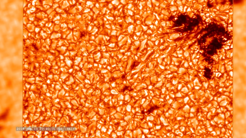 Close-up of Active Region 12593 through the 400 nm filter of the Swedish Solar Telescope.  SDO/HMI provides the background image.