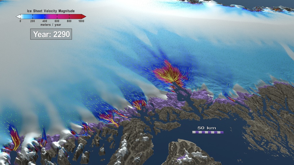 Preview Image for Jakobshavn Regional View of Three Simulated Greenland Ice Sheet Response Scenarios: 2008 - 2300
