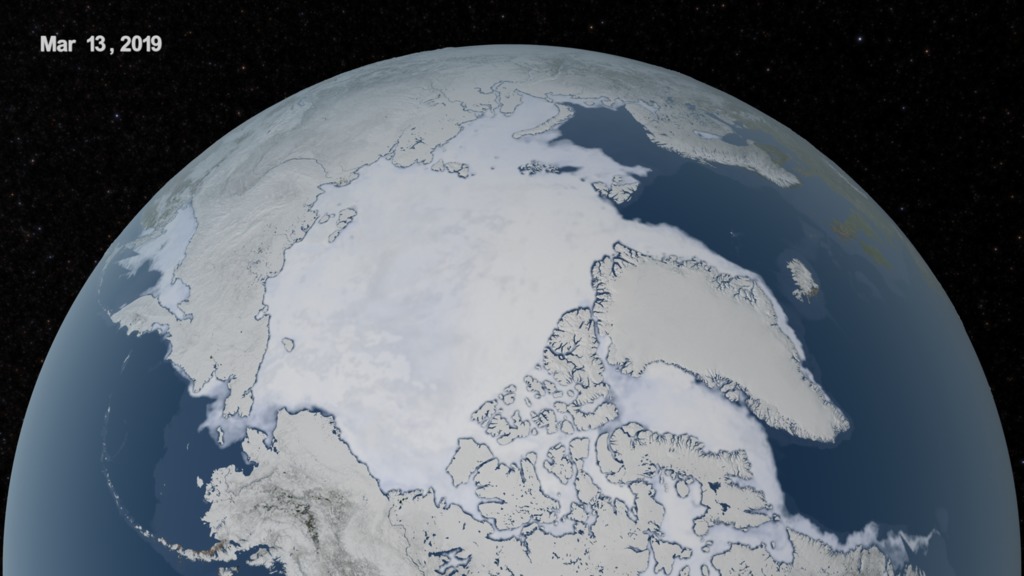 Animation of Arctic sea ice extent between its minimum on September 23, 2018 and its maximum on March 13, 2019.