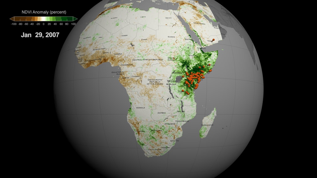 Data visualization featuring vegetation index anomalies over Africa and Middle East and locations of Rift Valley Fever (RVF) outbreaks (orange pins) during the period of 2000-2018. Frames are provided in 4K resolution.