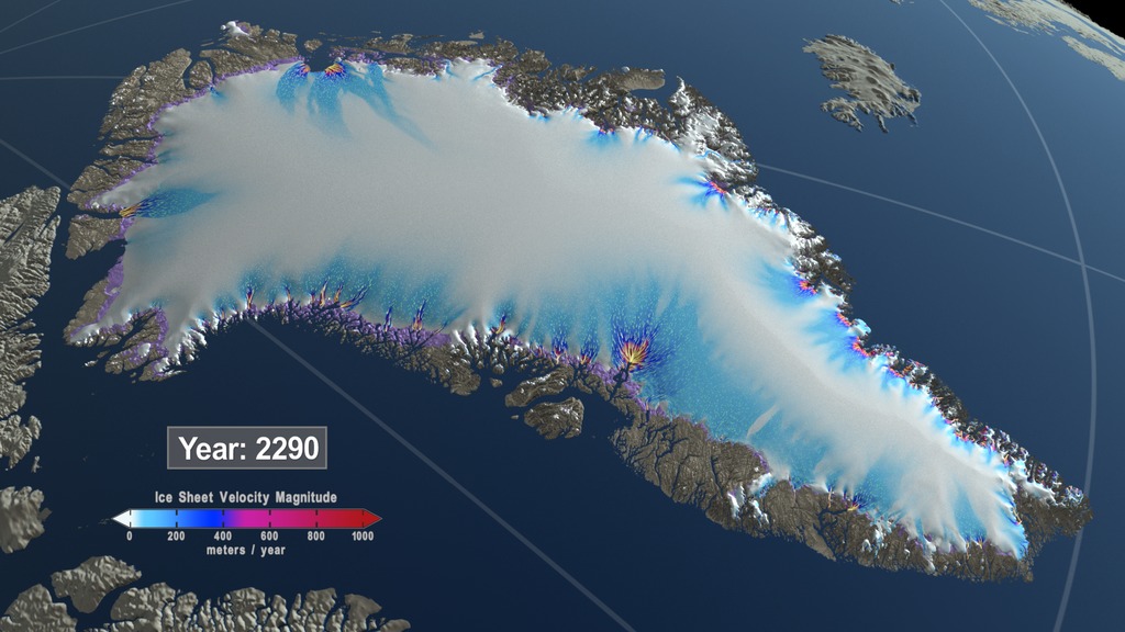 Above is a visualization of the Greenland Ice Sheet from 2008 to 2300 based on the Representative Concentration Pathway (RCP) 2.6 climate scenario. This is the best case scenario for limiting greenhouse gasses and assumes that emissions will peak by mid-century and decline thereafter.This video is also available on our YouTube channel.