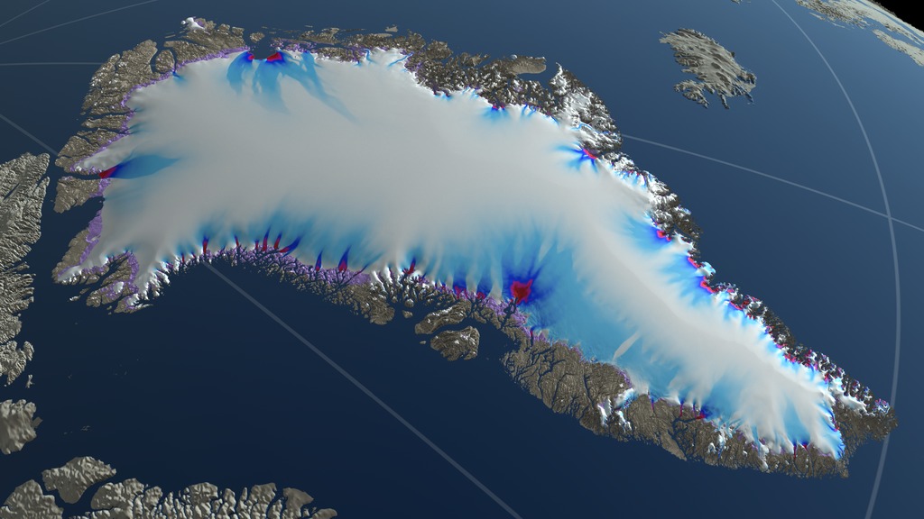 An image of the entire Greenland Ice Sheet in the year 2300 using RPC 2.6 scenario without the date and colorbar.