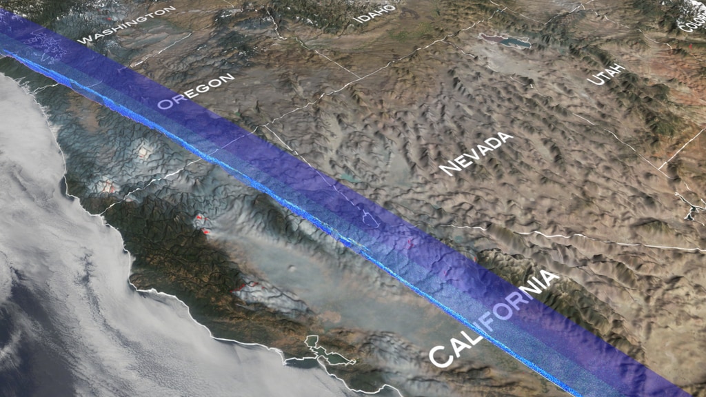 This data visualization starts with an overview of the United States west coast. As we zoom into several California wildfires, MODIS data dissolves in to show some of the low-lying smoke resulting from these fires. The camera then pans across the United States, slowly revealing CALIPSO swath passes as they dissect the atmosphere. Throughout most of the journey CALIPSO picks up many aerosol signatures as shown in the more opaque portions of the curtain.
