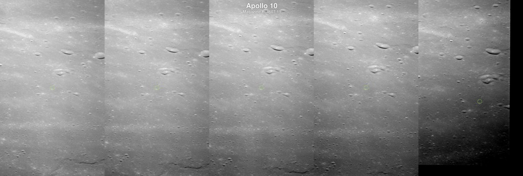 This sequence of images from Apollo 10 looks west across southern Mare Tranquillitatis. The Apollo 11 landing site is circled in green. The bright crater at about 7 o'clock within the circle is West crater. Black and white, 70mm magazine R, AS10-31-4607 to 11.