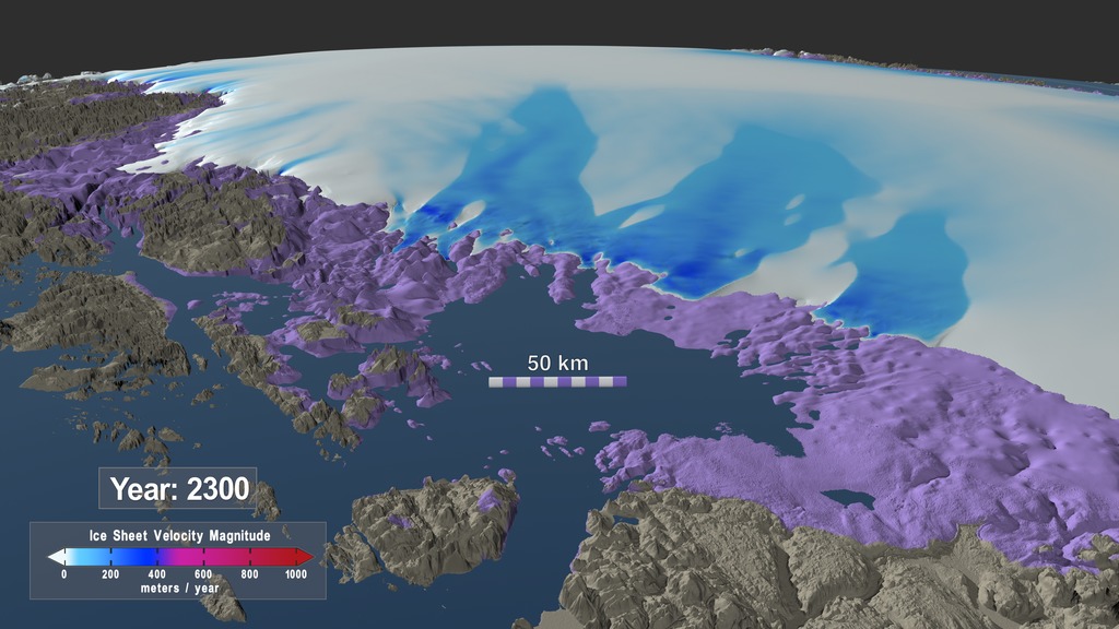 Preview Image for Northeast Regional View of Three Simulated Greenland Ice Sheet Response Scenarios: 2008 - 2300