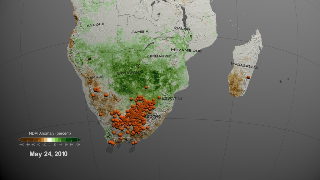 This visualization shows the relationship between vegetation index anomalies (Normalized Difference Vegetation Index - NDVI) data and outbreak locations of Rift Valley fever (RVf) during 2008 and 2011. The sequence starts in 2007 looking at the entire continent of Africa and zooms in the region of South Africa slowly to take a closer look at the above normal vegetation (green) and RVF outbreak locations (orange pins). Frames are provided in 4K resolution.