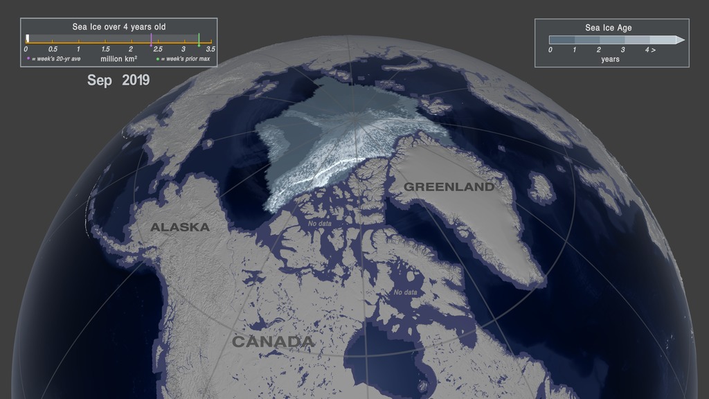 Pair 1A:  This image shows the Arctic sea ice age in September 2019 when the sea ice reached its annual minimum extent (week 38).  During this week, the area covered by the sea ice that was 4 years of age or older extended 53,000 square kilometers.