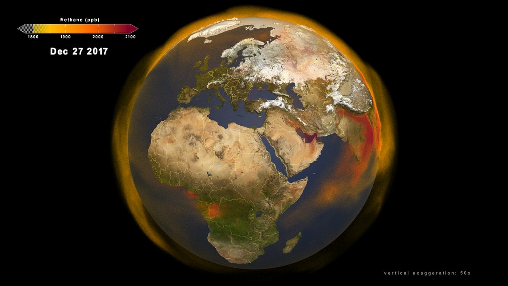 This second 3D volumetric visualization shows a global view of the methane emission and transport between December 1, 2017 and November 30, 2018.  This visualizaion of the rotating global view is designed to be played in a continuous loop.This video is also available on our YouTube channel.