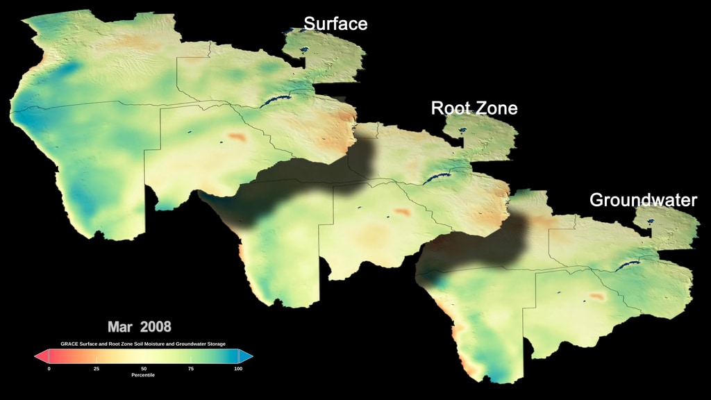 GRACE Surface Water, Root Zone, and Groundwater Storage, Okovango Delta Region