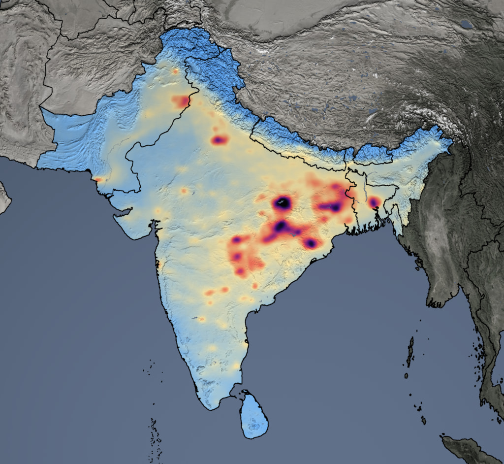 Tropospheric NO2 Column, March 25-April 25 2017-2019 Average, Indian Subcontinent, No Labels