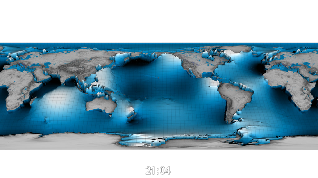 This animation shows the barotropic global ocean tides as a complex system of rotating and trapped waves with a mixture of frequencies.
