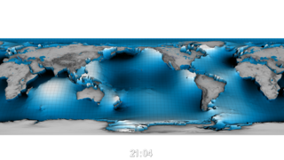 This is a visualization of global barotropic ocean tides.  The data used in this visualization is from a model and runs for slightly longer than one Earth day.

The level of the tides is obviously highly exaggerated in order to show how the tides vary around the world.