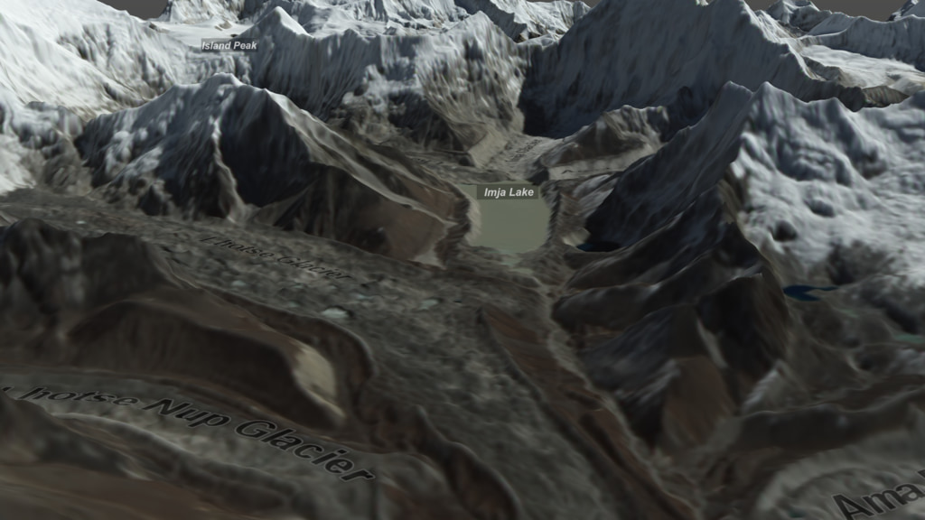 Data visualization featuring the glacier rich region of the Himalayas, along with many of Earth’s highest peaks. The visualization sequence starts with a wide view of the Tibetan plateau and moves along a hiking path highlighting Mt. Everest, Mt. Lhotse, Mt Nuptse, the Everest Base Camp, the Khumbhu glacier, all the way to Imja Lake. Moving to a top-down view of Imja Lake, a time series of Landsat data unveils its dramatic growth for the period 1989-2019.This video is also available on our YouTube channel.
