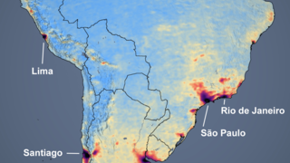 On June 1, the World Health Organization noted that Central and South American countries have become “the intense zones” for COVID-19 transmission. The Ozone Monitoring Instrument (OMI) on board NASA’s Aura satellite provides data that indicate that restrictions on human activity have led to about a 36% decrease in NO2 levels in Rio de Janeiro, Brazil, relative to previous years. Other large cities in South America show similar decreases in NO2: 36% in Santiago, Chile; 35% in São Paolo, Brazil; and 40% in Buenos Aires, Argentina. One notable exception is in Lima, Peru, showing a 69% decrease. The large decrease may partly be associated with natural variations in weather that can, for instance, disperse air pollution more quickly. Additional analysis is required to determine the amount of the decrease of NO2 in Lima that is associated with a decrease in human activity. A notable increase in NO2 occurred in northern South America, which is likely associated with increased agricultural burning in 2020 relative to previous years.