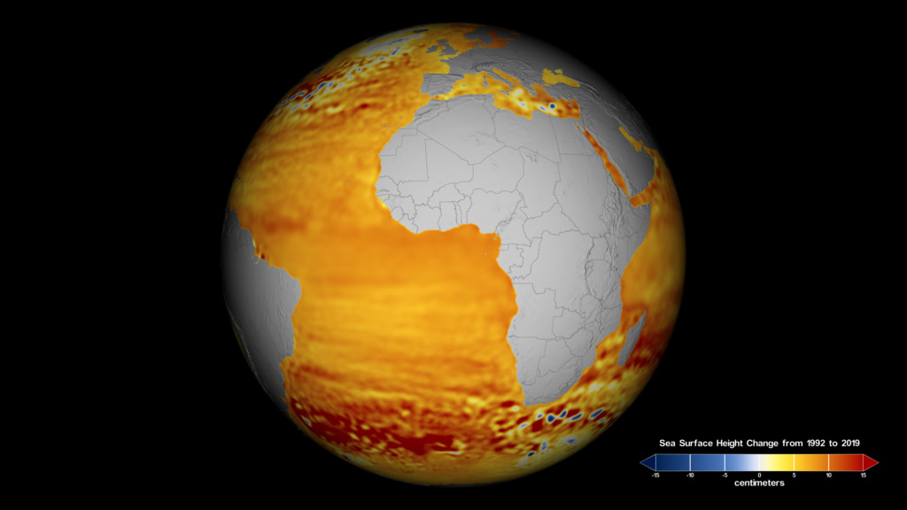 Sea surface height change from 1992 to 2019, with colorbar