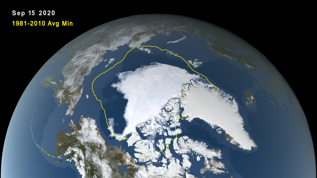 Animation of Arctic sea ice extent from the Mar. 5, 2020 maximum to the Sept. 15, 2020 minimum, 30-year average extents in yellow