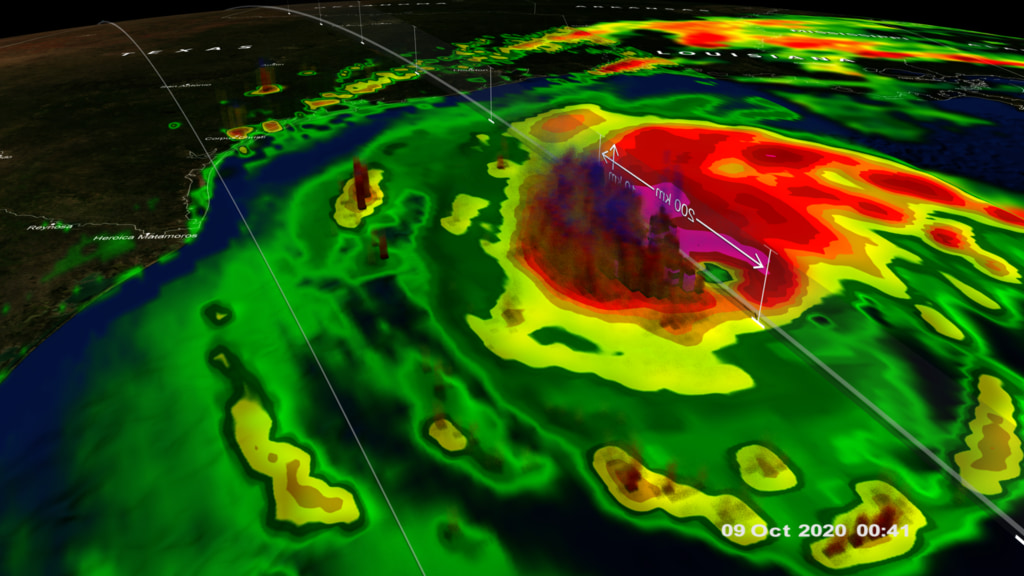 GPM captured Hurricane Delta the evening of October 8 at approximately 7:40pm CST. This visualization shows the heavy rain structures within the heart of the Hurricane as it moved towards the Gulf coast.
