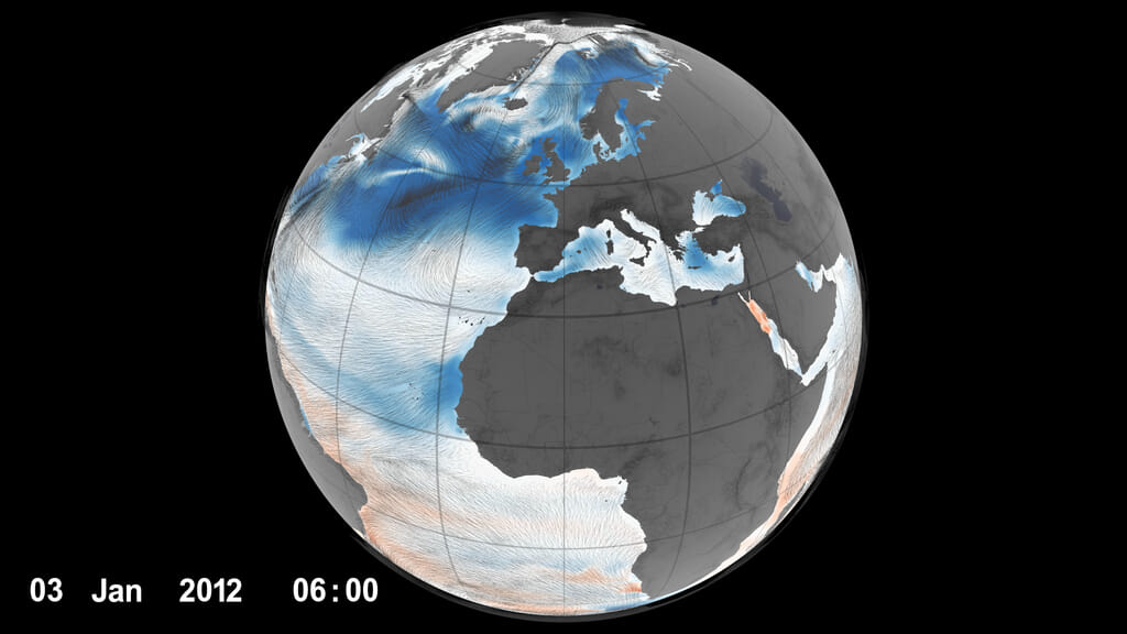 Ocean surface winds and CO2 flux.  Blue areas are where CO2 is absorbed by the ocean and red areas are where CO2 is outgassed from the oceanComing soon to our YouTube channel.