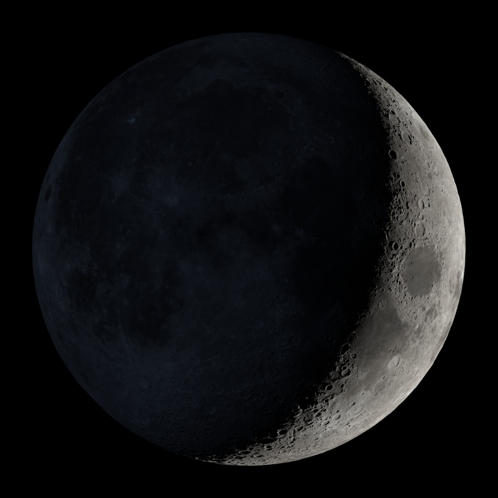 Waxing crescent. Visible toward the southwest in early evening.