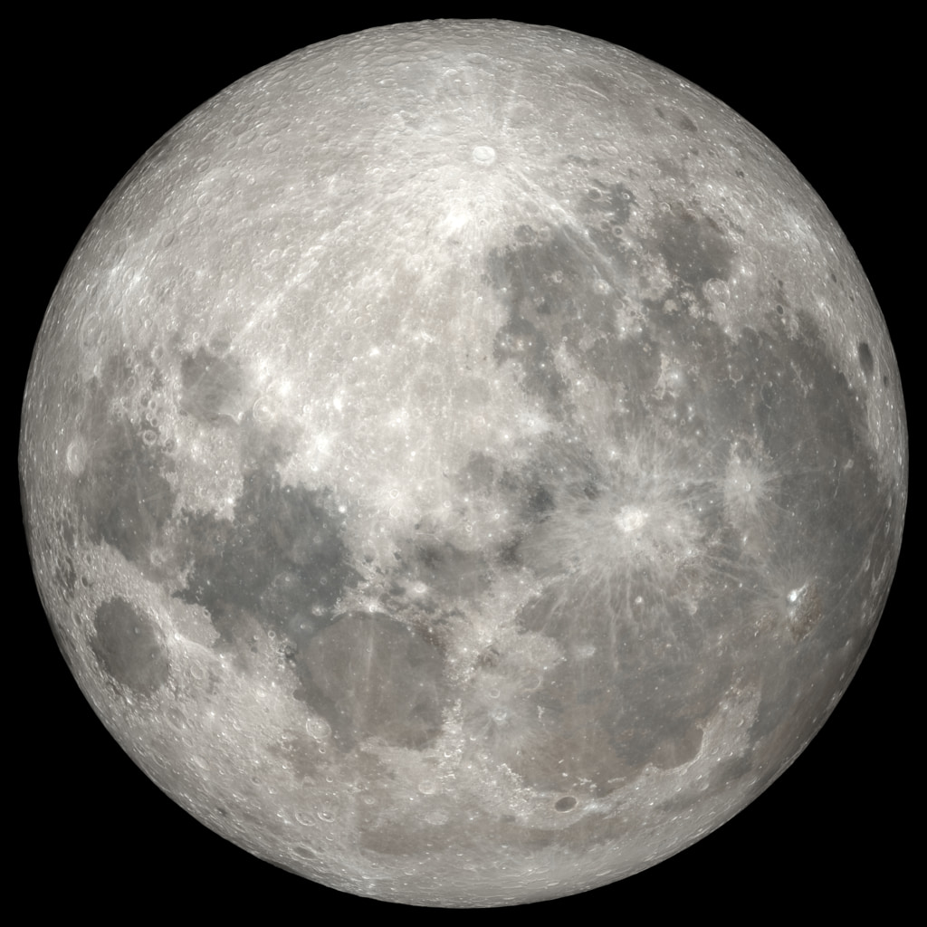 Full Moon. Rises at sunset, high in the sky around midnight. Visible all night.