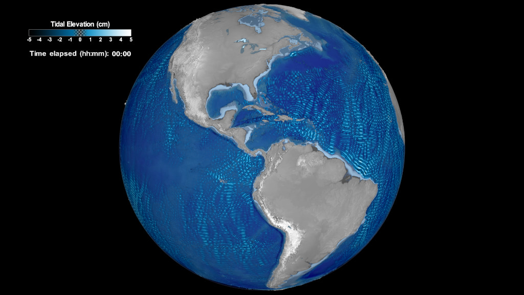 Data visualization featuring energetic internal tides on a rotating Earth. The visualization simulates data over a period of a day (24 hours) and showcases the largest internal tides on water bodies around the world. The largest internal tides are generated in regions with steep bathymetry and along mid-ocean ridges, such as in the Hawaiian Ridge, Tahiti, Macquarie Ridge and Luzon Strait.
