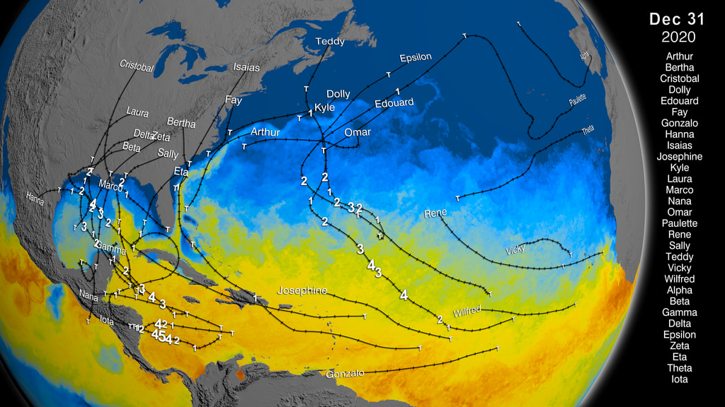 Data visualization of the 2020 Hurricane Season. Starts on May 1, 2020 just showing Sea Surface Temperatures and cloud cover. Precipitation data then dissolves in as hurricanes are tracked throughout 2020. Hurricane tracks include Hurricane strengths depicted with the letter "T" for Tropical Storm and numbers for each storm's respective strength. The visualization then culminates by showing all the storm tracks at once.This video is also available on our YouTube channel.